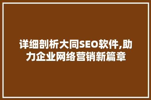 详细剖析大同SEO软件,助力企业网络营销新篇章