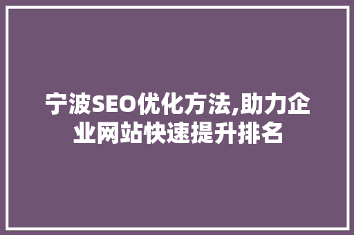宁波SEO优化方法,助力企业网站快速提升排名