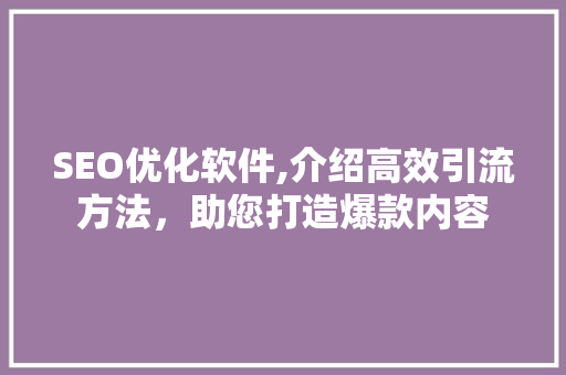 SEO优化软件,介绍高效引流方法，助您打造爆款内容