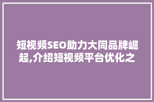 短视频SEO助力大同品牌崛起,介绍短视频平台优化之路
