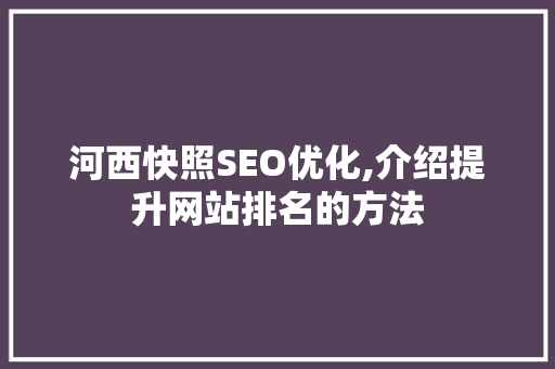 河西快照SEO优化,介绍提升网站排名的方法