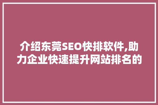 介绍东莞SEO快排软件,助力企业快速提升网站排名的秘密武器