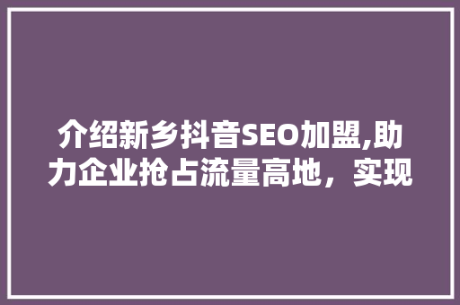 介绍新乡抖音SEO加盟,助力企业抢占流量高地，实现品牌腾飞