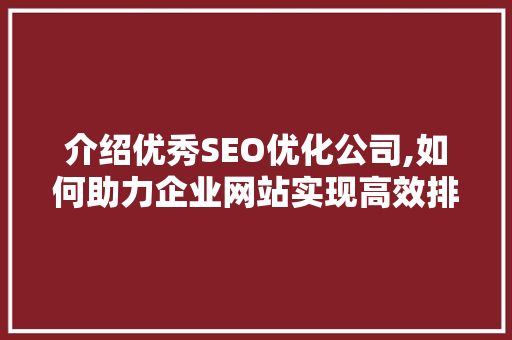 介绍优秀SEO优化公司,如何助力企业网站实现高效排名