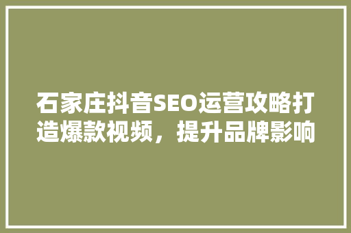 石家庄抖音SEO运营攻略打造爆款视频，提升品牌影响力