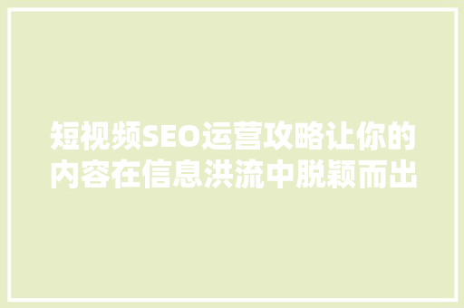 短视频SEO运营攻略让你的内容在信息洪流中脱颖而出