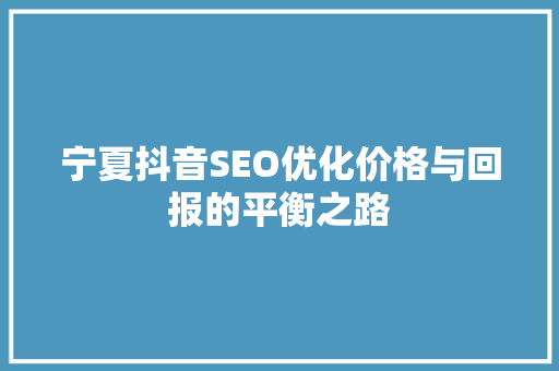 宁夏抖音SEO优化价格与回报的平衡之路