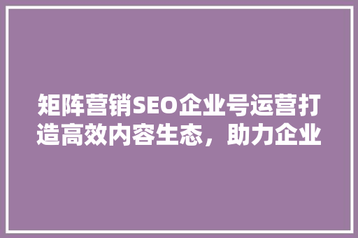 矩阵营销SEO企业号运营打造高效内容生态，助力企业品牌腾飞
