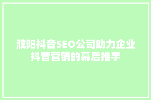 濮阳抖音SEO公司助力企业抖音营销的幕后推手