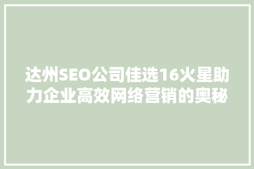 达州SEO公司佳选16火星助力企业高效网络营销的奥秘