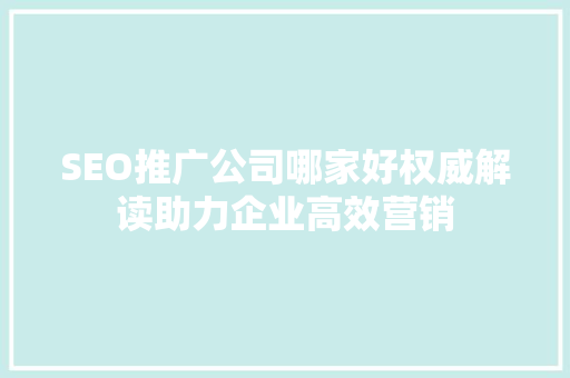 SEO推广公司哪家好权威解读助力企业高效营销