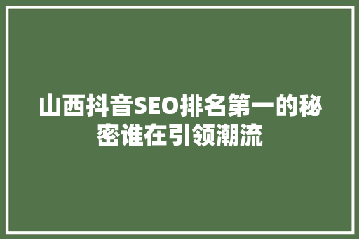 山西抖音SEO排名第一的秘密谁在引领潮流
