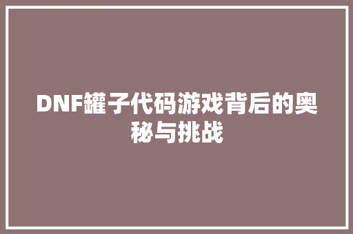 DNF罐子代码游戏背后的奥秘与挑战